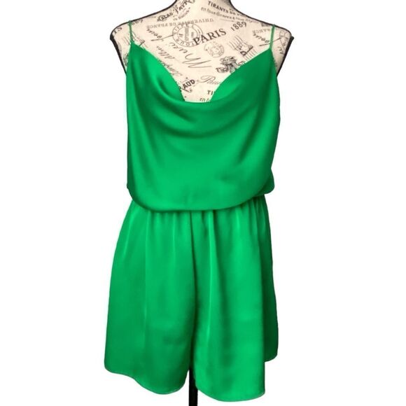 Vici Pants - Vici Treat Satin Cowl Neck Romper in Green Size Extra Large